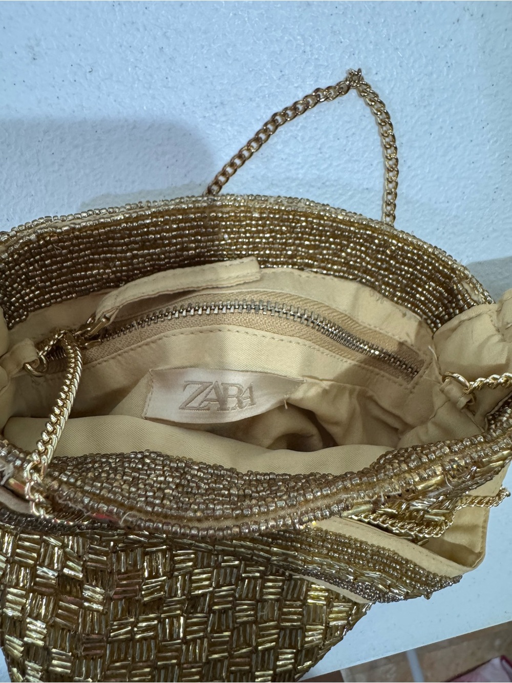 Zara Gold Sequin Mini Bucket Bag Beaded Evening Crossbody Purse - Picture 6 of 7